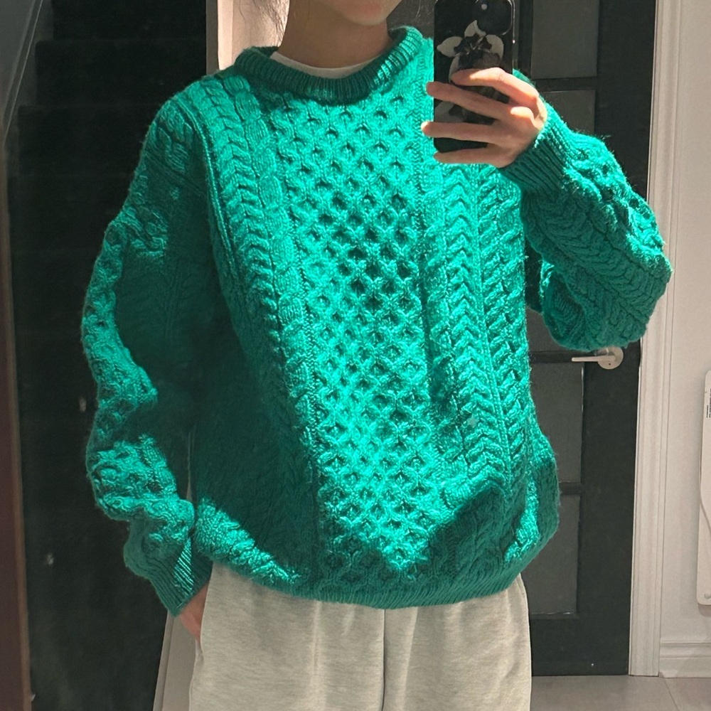 Irish Wool Green Cable Knit Sweater